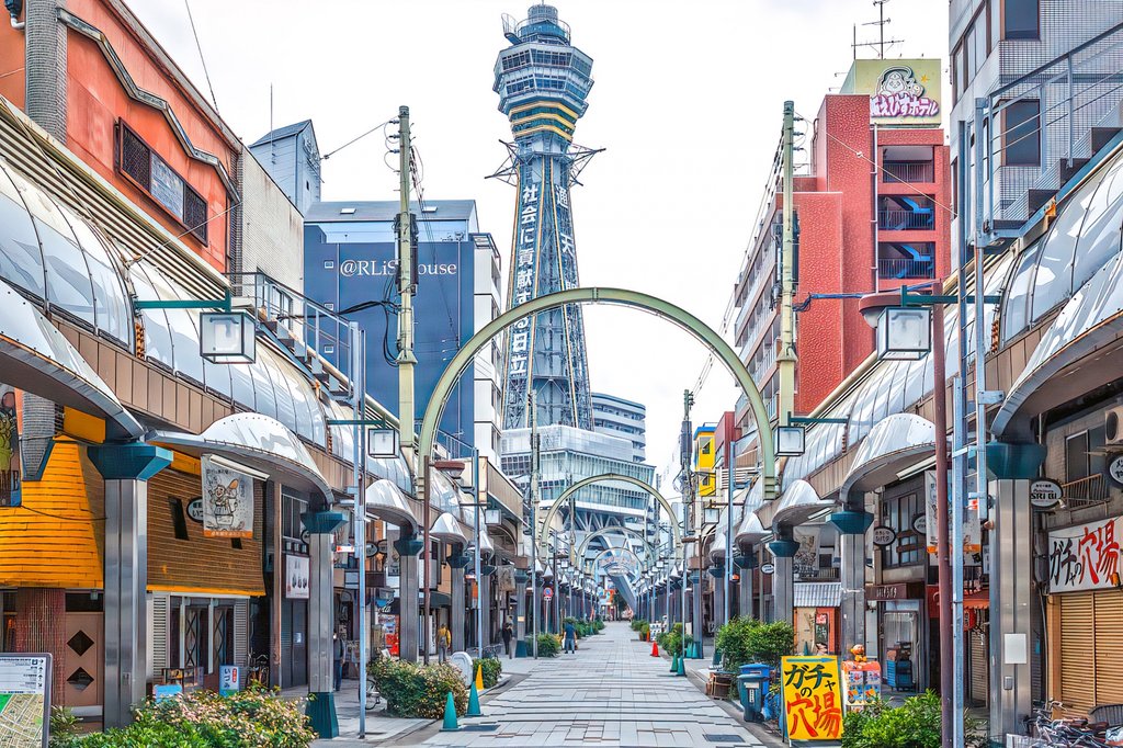 Shinsekai Main Street with colorful 3D signs