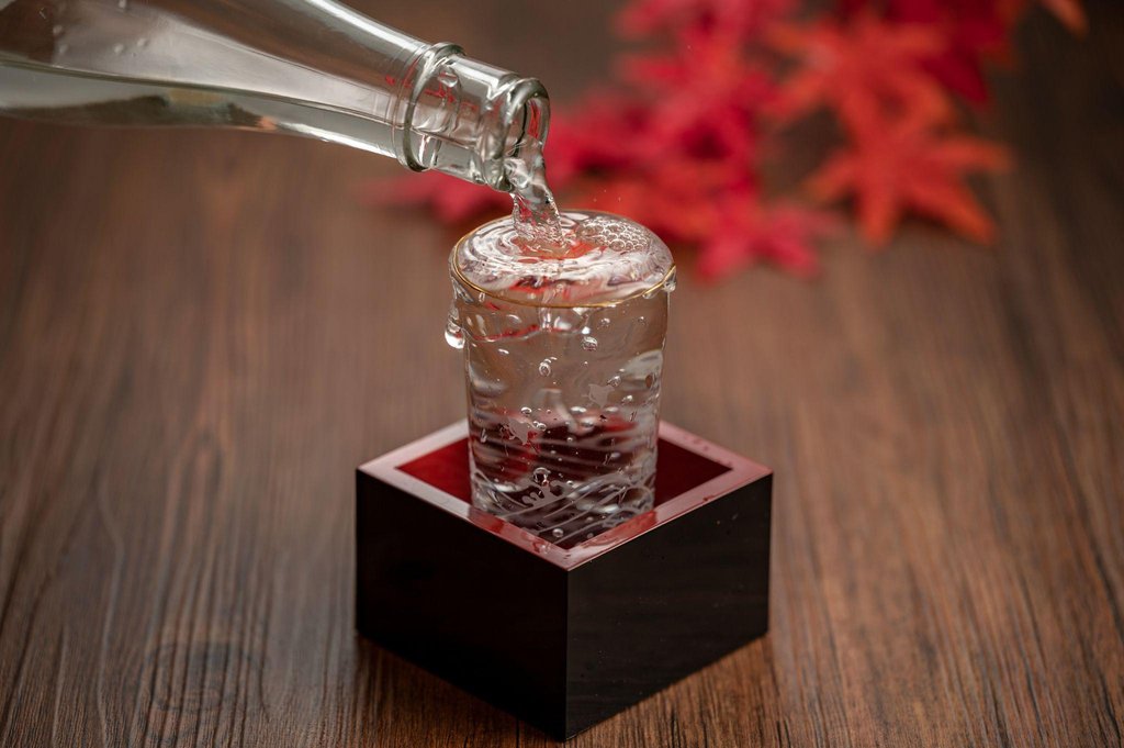Traditional sake bottles at specialty bar