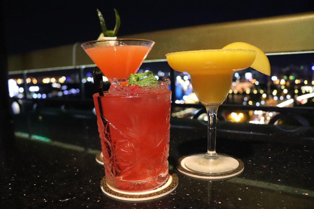 Osaka city skyline from rooftop bar