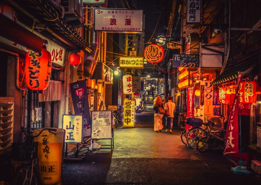 Traditional lantern-lit alley in Tenma