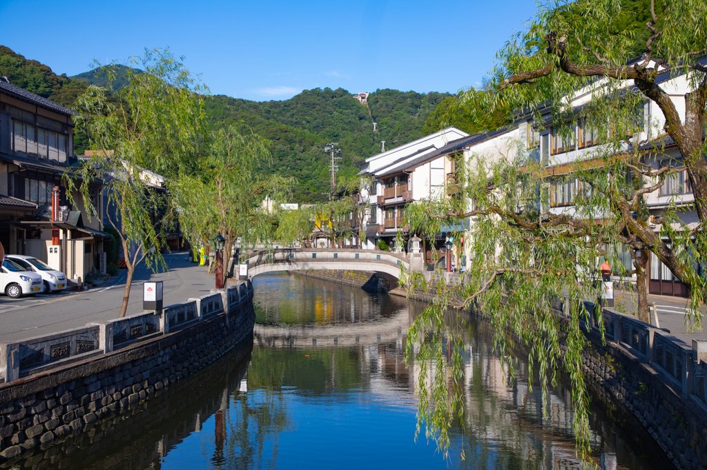 Kinosaki Onsen traditional bathhouse and willow-lined canal