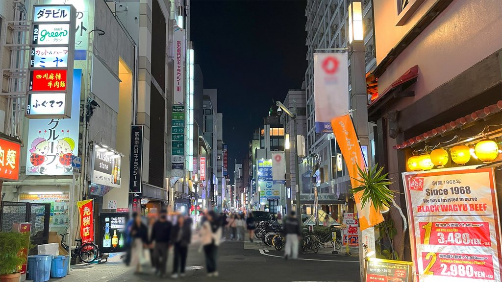 Osaka nightlife street scene with pedestrians