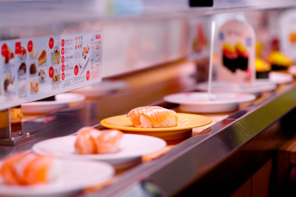 Kaiten-zushi conveyor belt sushi restaurant in Osaka