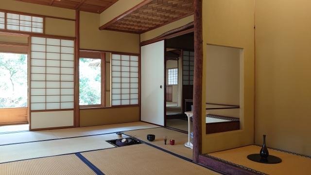 Traditional tearoom entrance with tatami flooring