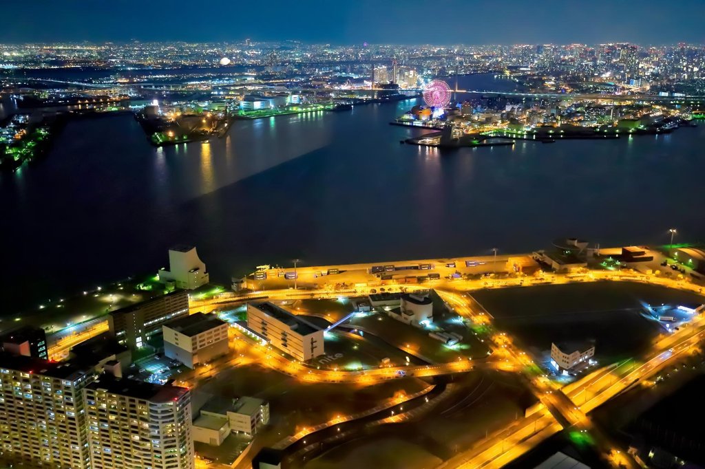 Osaka Bay waterfront illuminated at night
