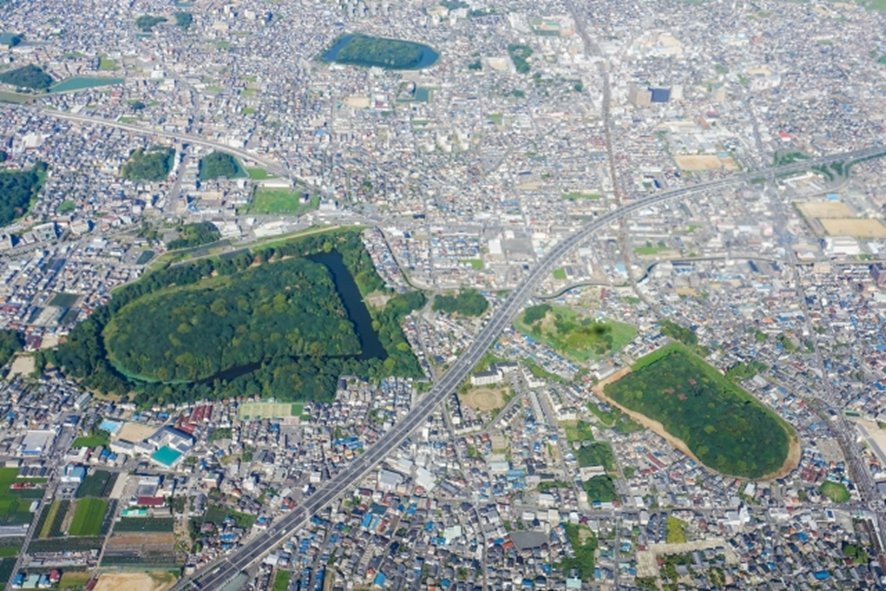 Aerial view of Mozu Kofun burial mounds from hot air balloon