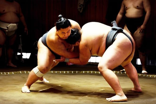 Sumo wrestlers performing at Sumo Studio Osaka