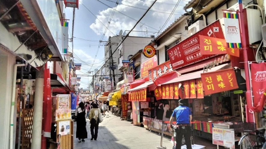 Busy pedestrian street in Korea Town Osaka
