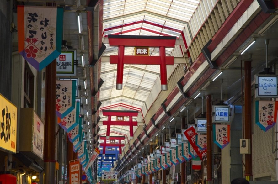 Covered arcade of Tenjinbashisuji shopping street in Osaka